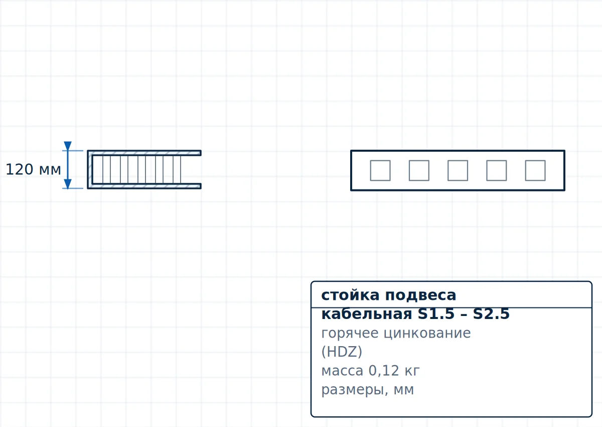 Чертёж стойка подвеса кабельная S1.5 – S2.5, размеры A=44 мм, B=120 мм, C=30 мм, S=1,5 мм, m_kg=0,12 кг